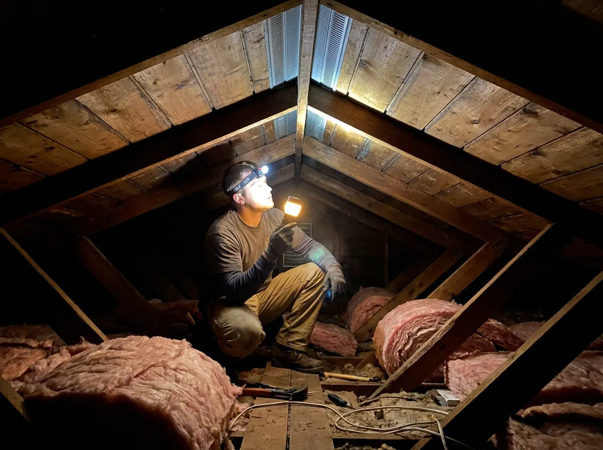 A roofer checking attic ventilation and decking in a two-story North Texas home