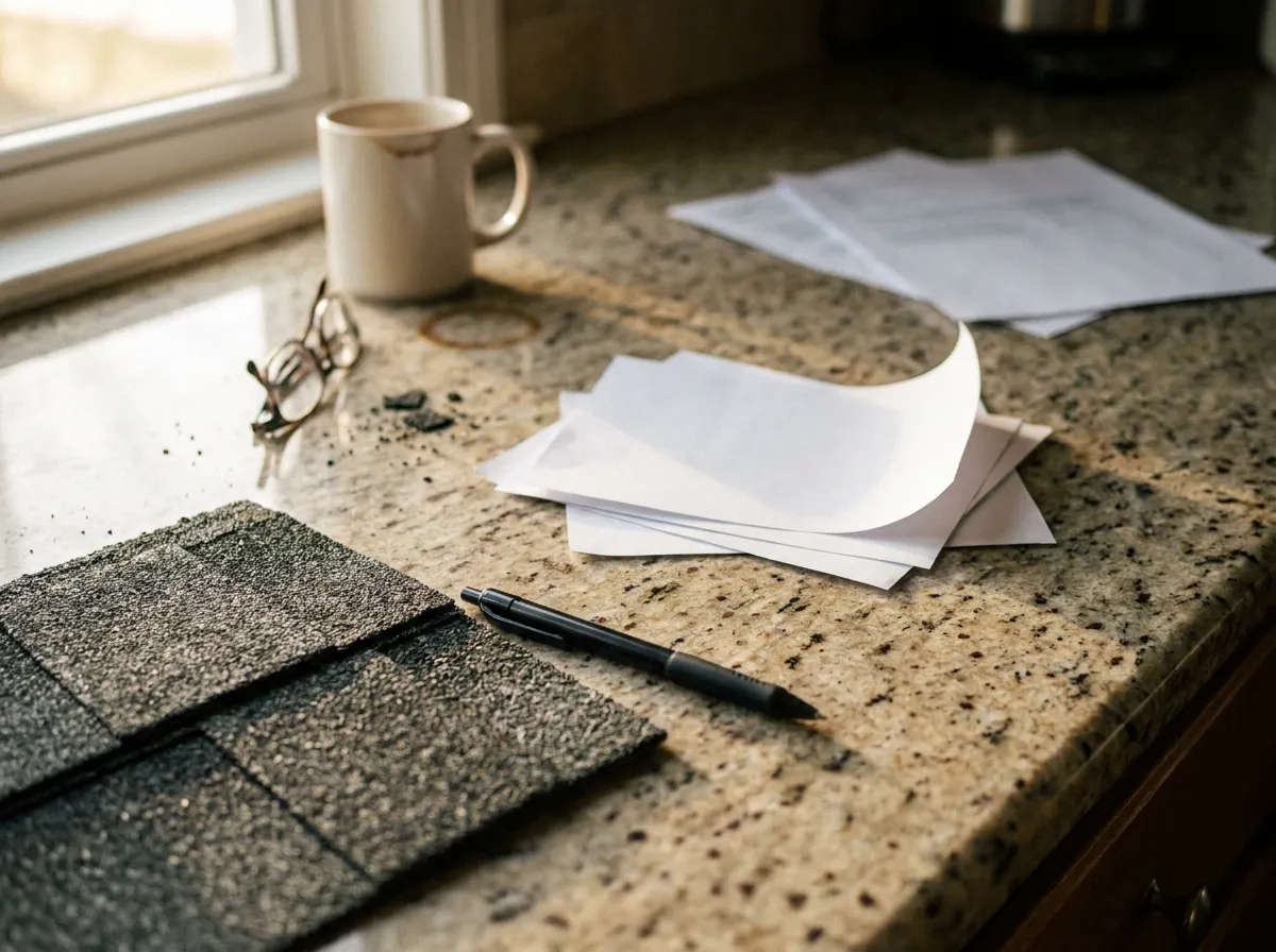 CertainTeed shingle warranty paperwork on a clipboard with shingle samples