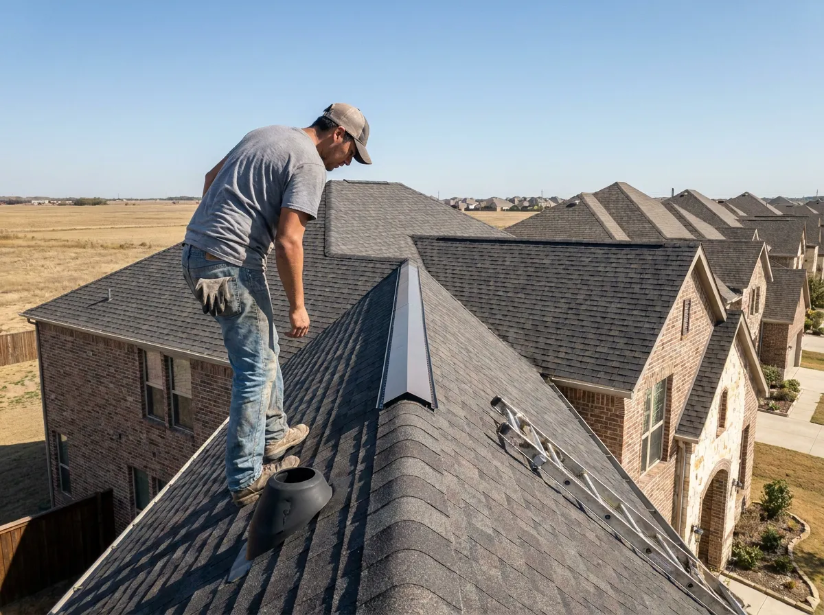 A roofer inspecting a composition shingle roof on a North Texas home