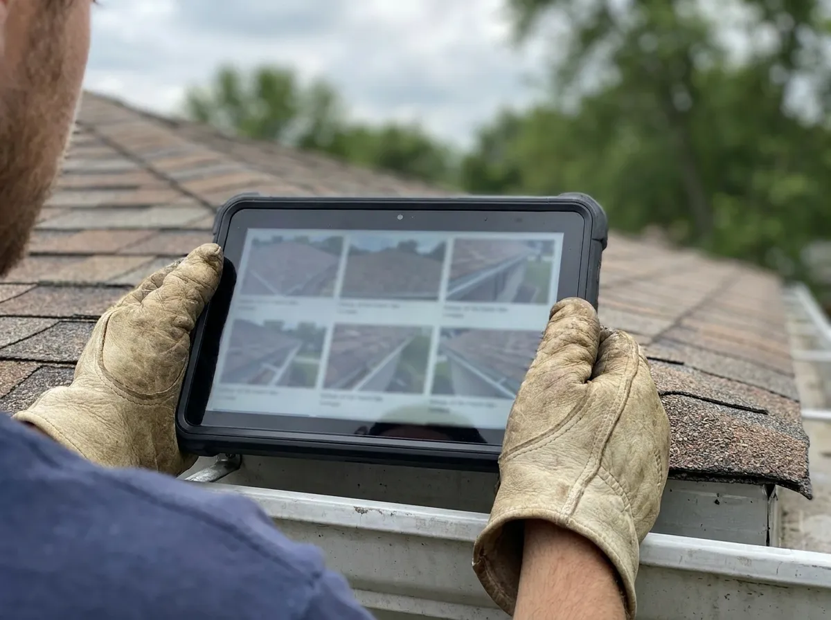 A roof inspection photo report displayed on a tablet held beside a shingle roof