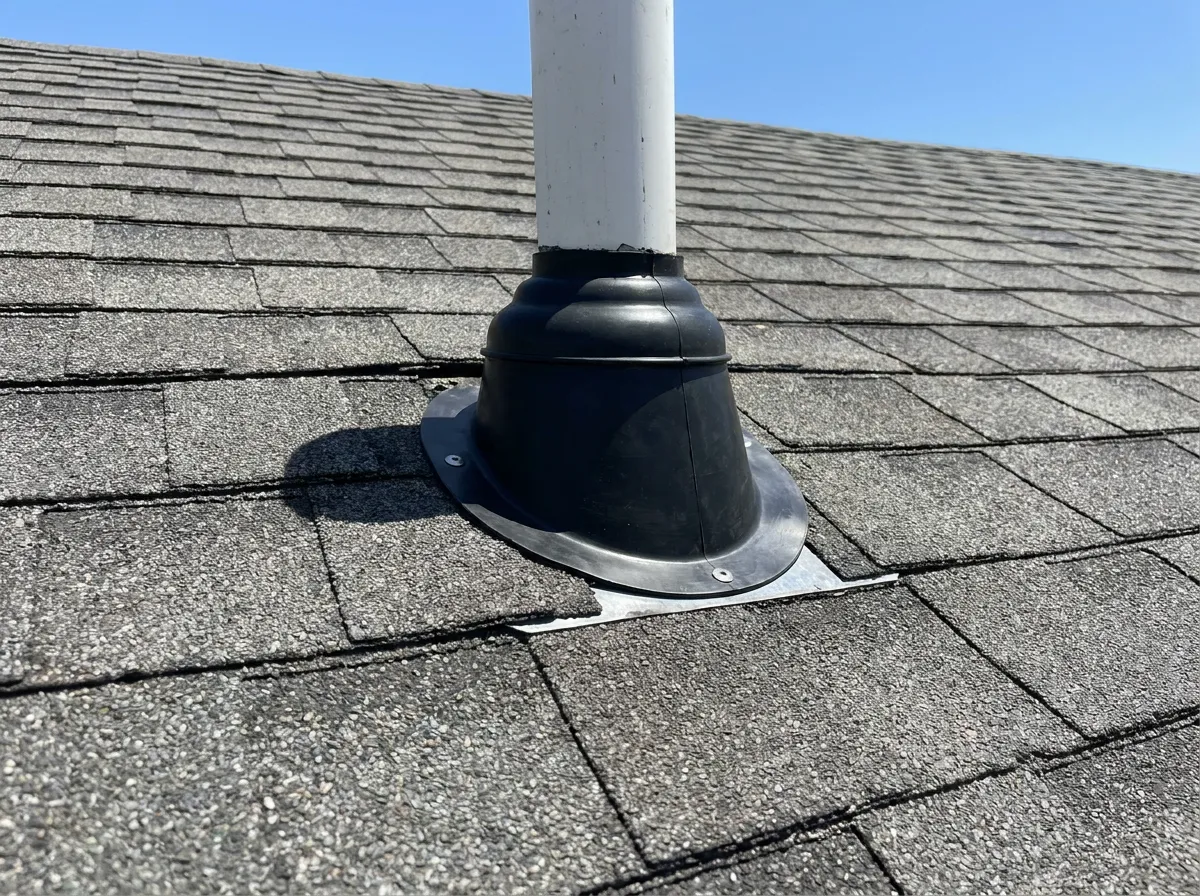 A roofer replacing a cracked pipe boot on a composition shingle roof