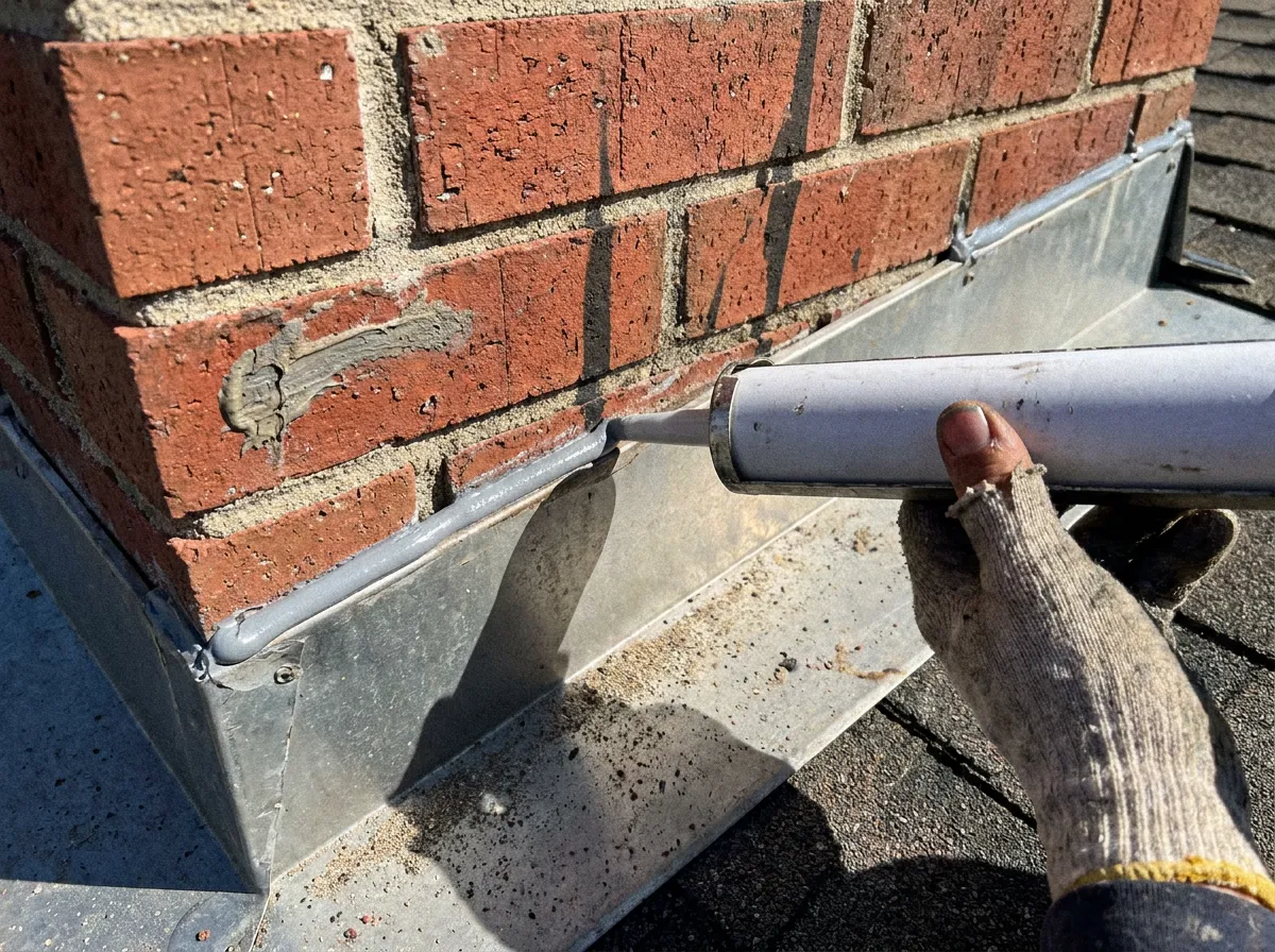 A roofer applying sealant to roof flashing on a North Texas home