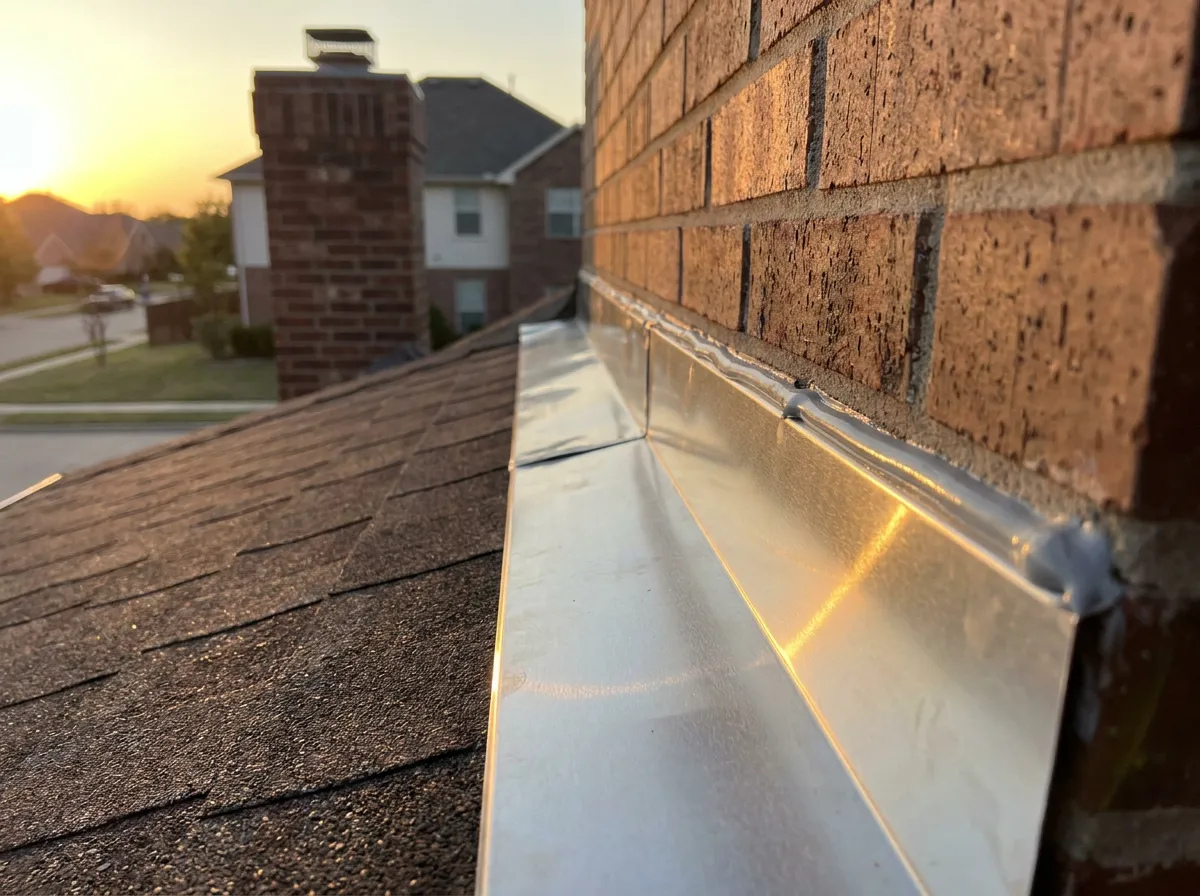 Rebuilt step flashing with new metal at a wall transition on a North Texas residential roof