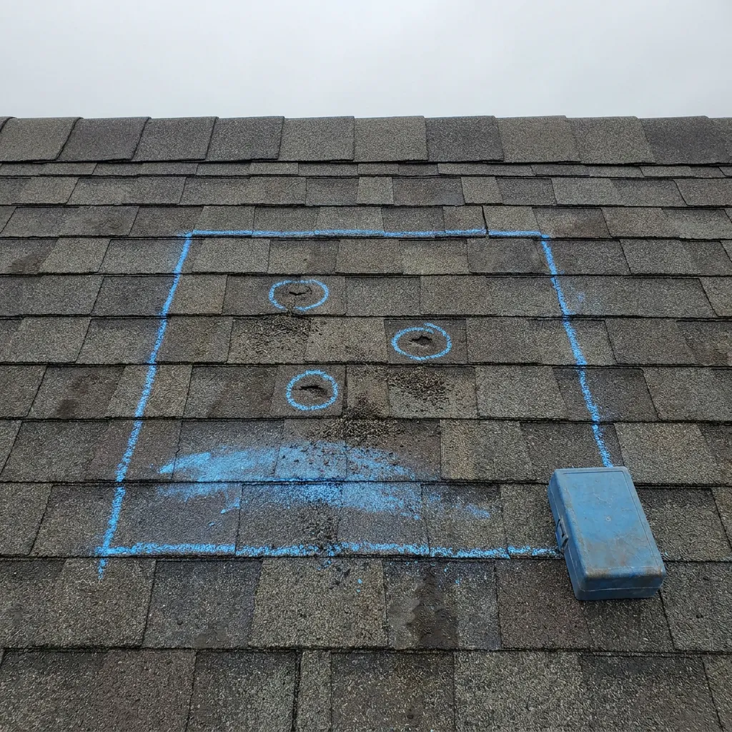 Hail strike documentation with chalk marks circling impact points inside a test square on an asphalt shingle roof