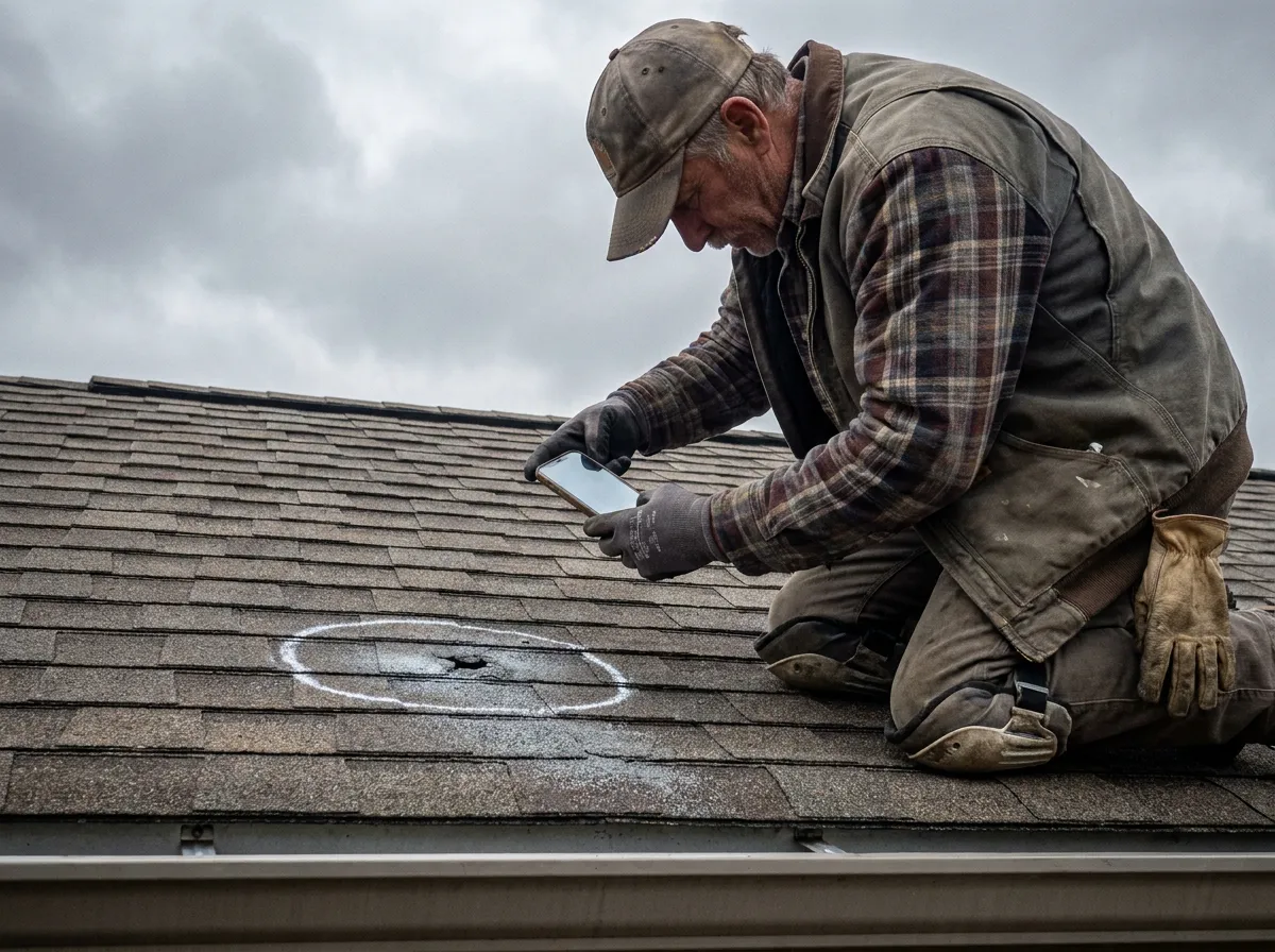 A roof inspection photo report PDF displayed on a laptop screen