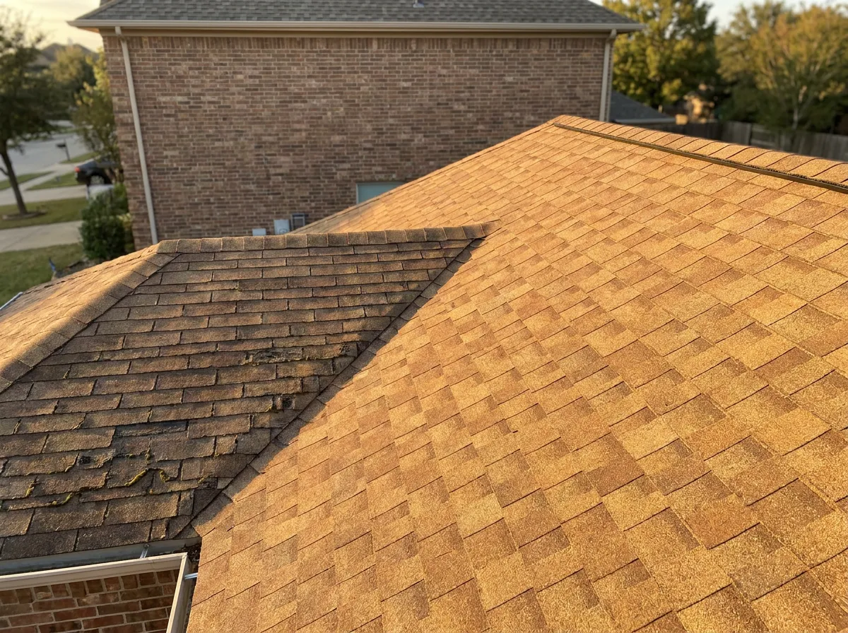 Side-by-side comparison of a patched roof section next to a freshly re-shingled slope on a North Texas home