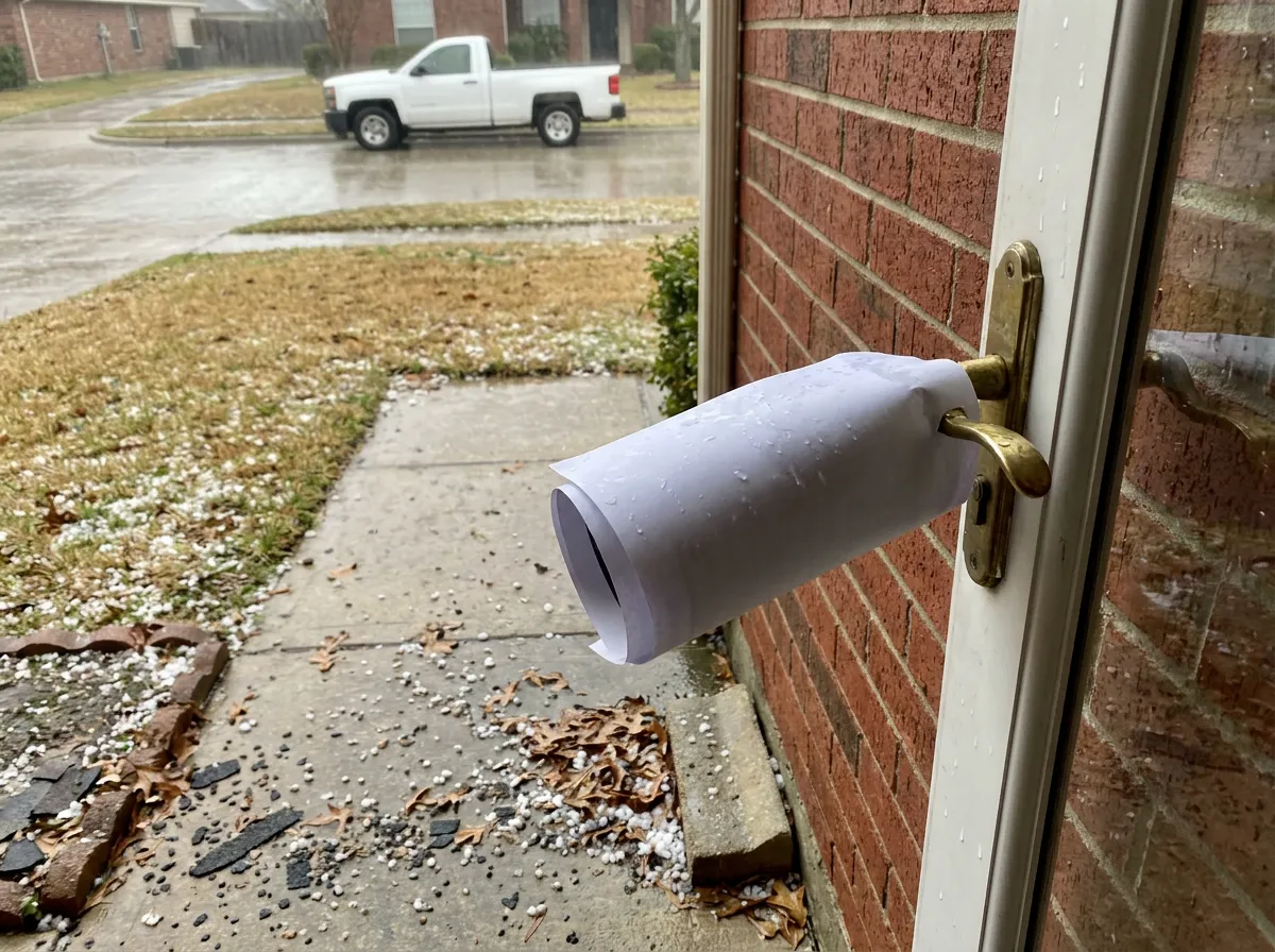 A generic door-knock flyer next to a local roofing contractor business card on a porch surface