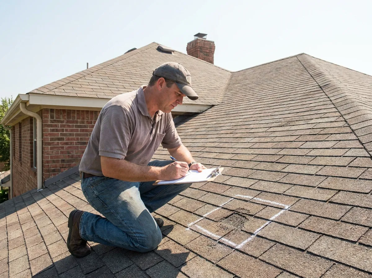 An insurance adjuster inspecting chalked hail test squares on a residential roof