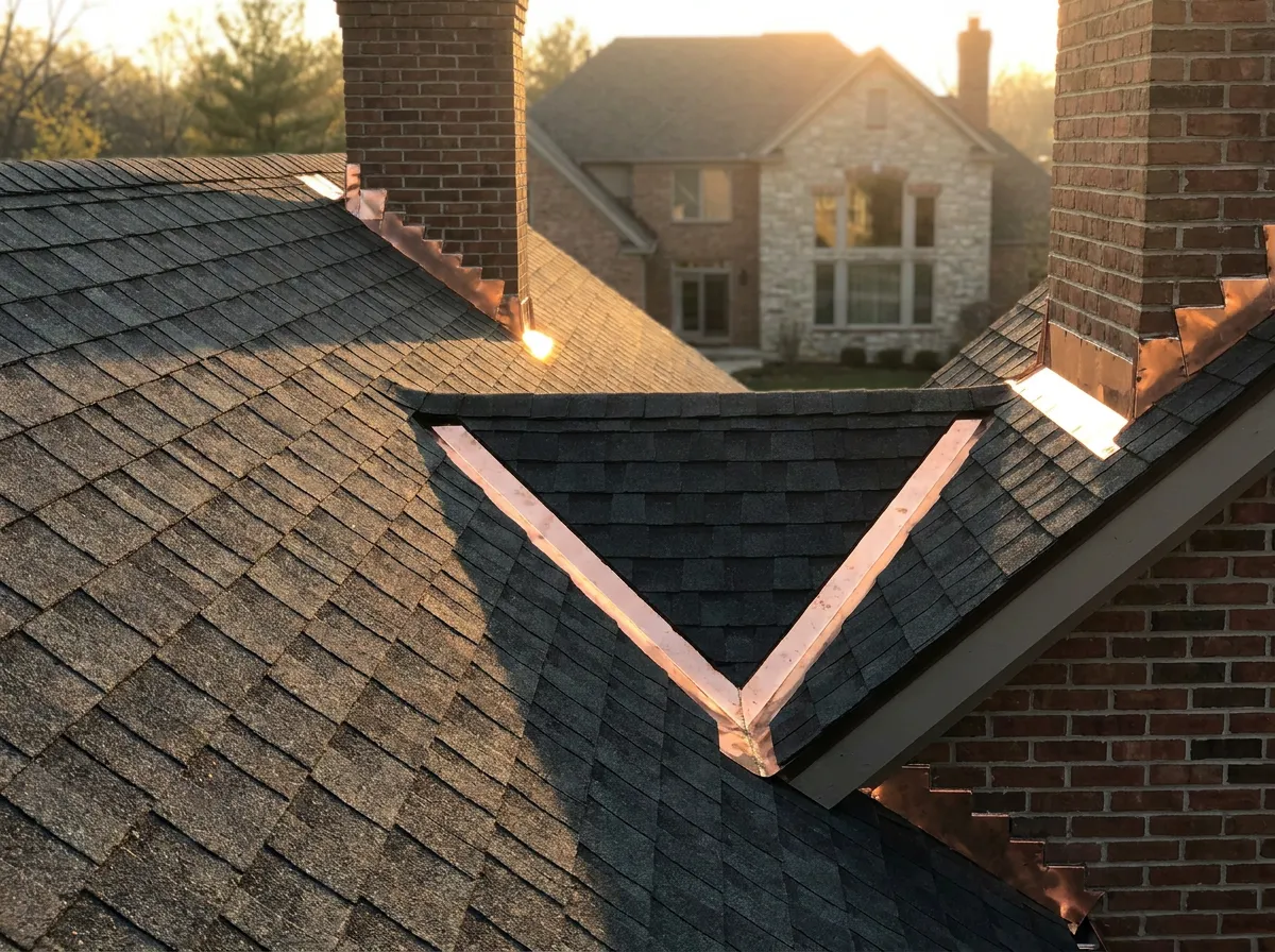 Presidential shingle roof replacement with a copper valley and step flashing on a North Texas home