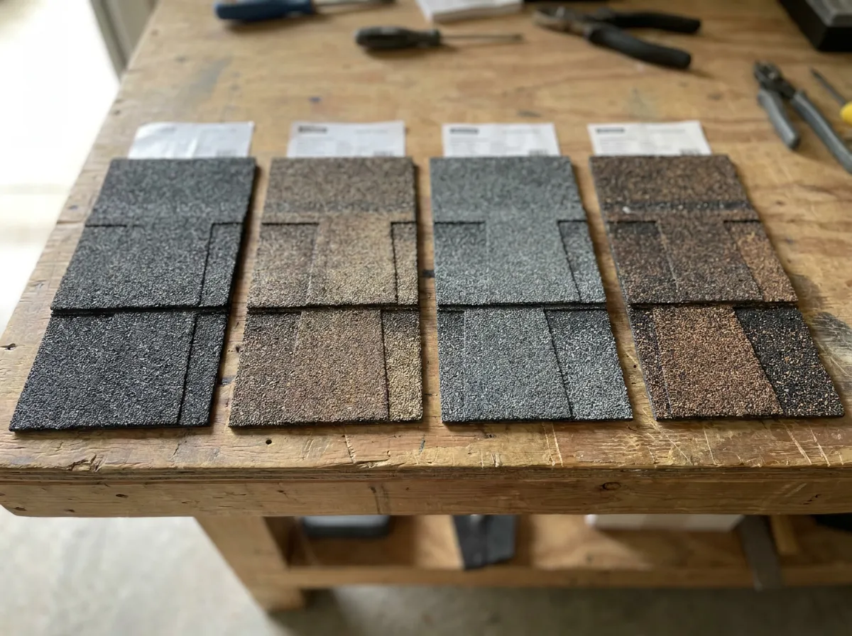 Shingle color and material samples laid out for a Dallas-area roof replacement quote