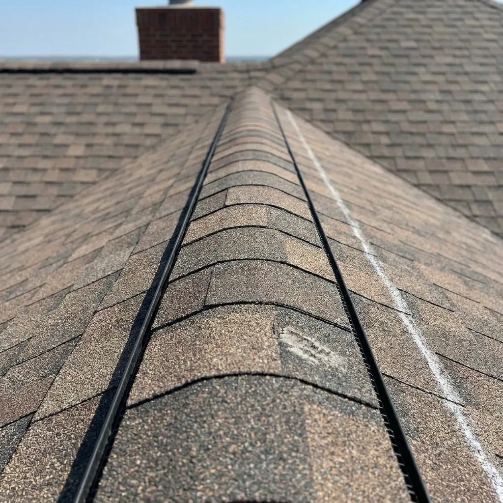 Close-up of continuous ridge vent installation on a CertainTeed shingle roof