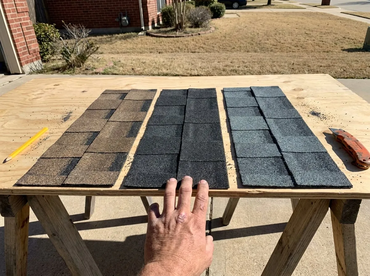 Three architectural asphalt shingle samples compared side by side showing different shadow lines and color blends
