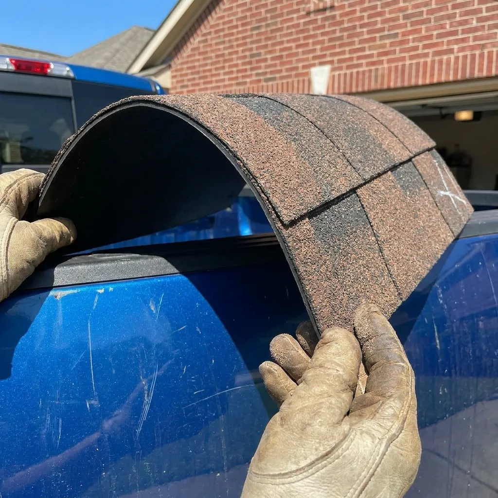 Close-up of a Class 4 impact-rated asphalt shingle showing the reinforced mat and granule surface