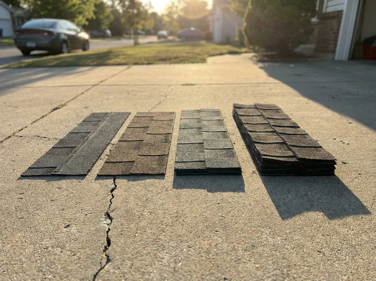 Four asphalt shingle samples laid side by side on a driveway, from 3-tab to Class 4 impact-rated