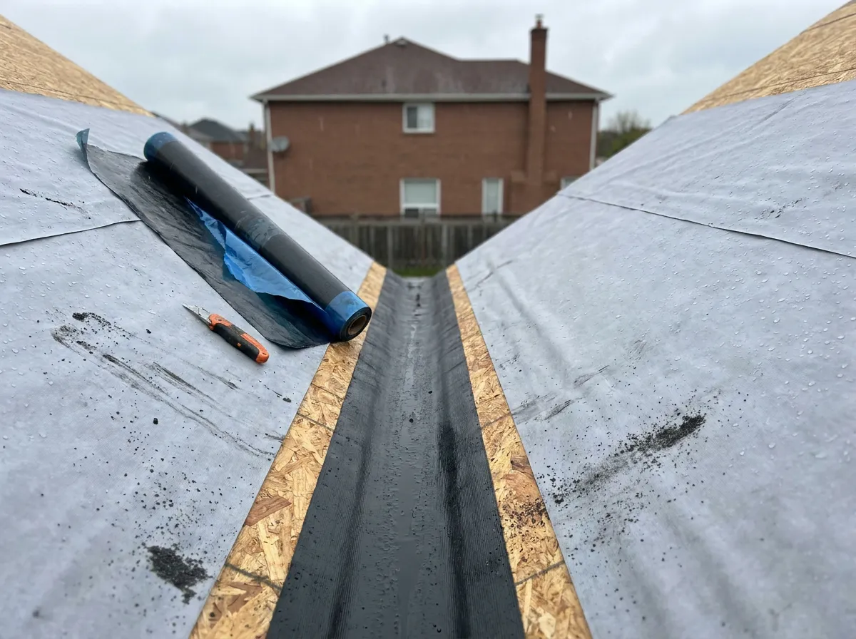 Self-adhered ice and water shield membrane installed in a roof valley before shingles on a North Texas home