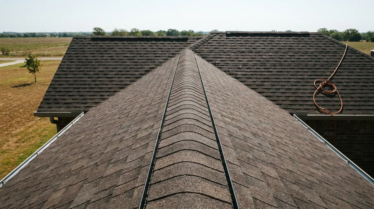 New ridge vent installed along the peak of an architectural shingle roof on a North Texas home