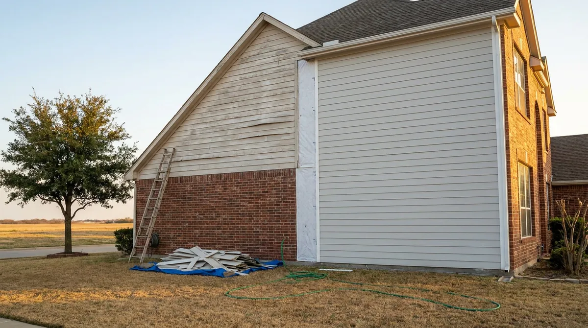 Before and after fiber cement siding replacement on a two-story North Texas home