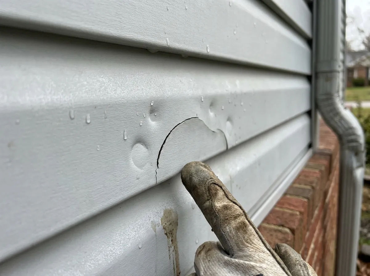 Hail-bruised vinyl siding with chalk circles marking cracked panels and split nail hems