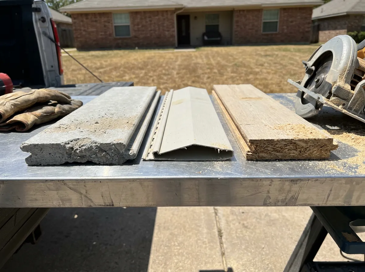 James Hardie fiber cement, LP SmartSide, and vinyl siding samples compared side by side