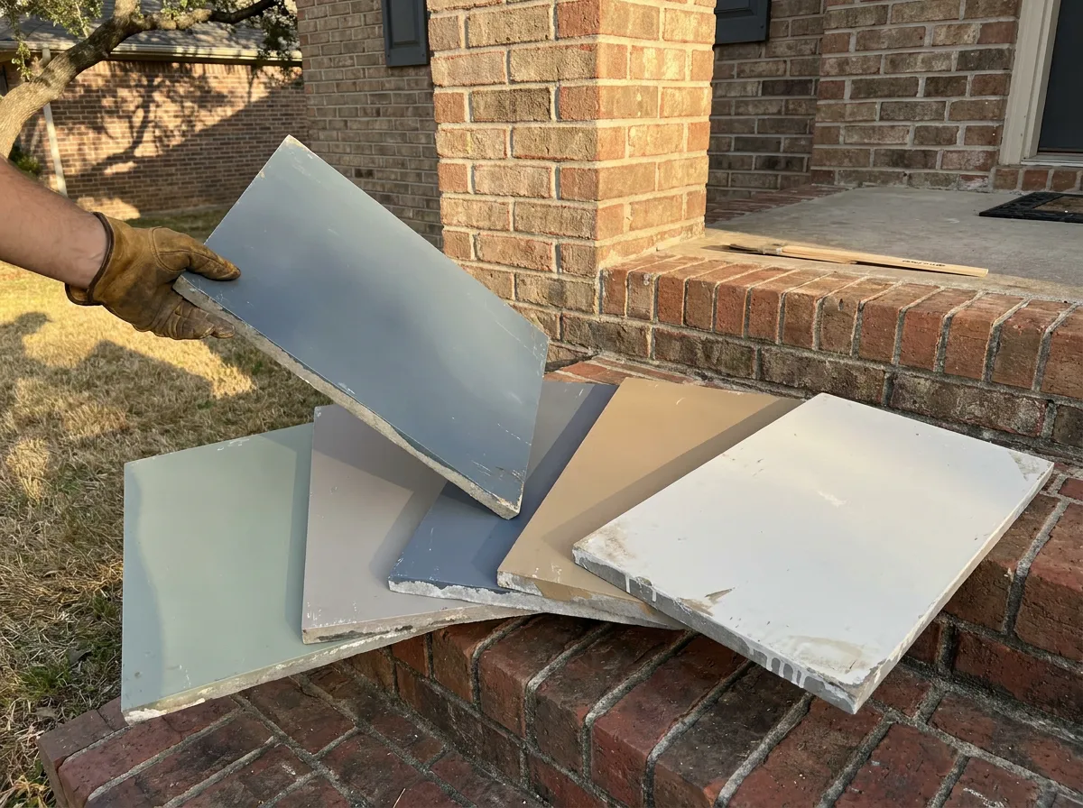 HOA-approved fiber cement siding color samples laid out on a presentation board