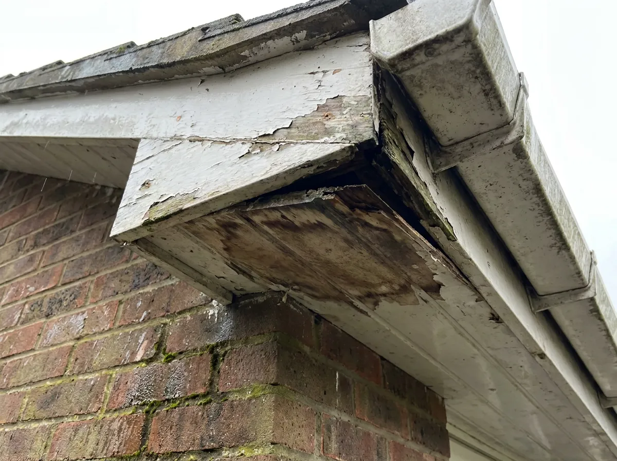Detail of rotted soffit and fascia transition under the eave of a North Texas home