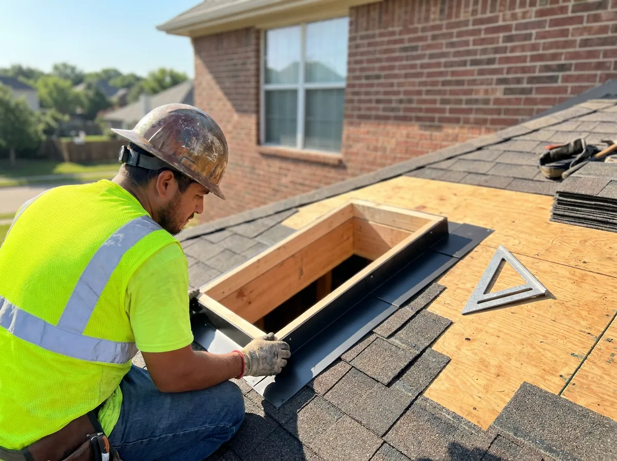 Skylight curb being rebuilt with new step flashing during a roof repair on a North Texas home