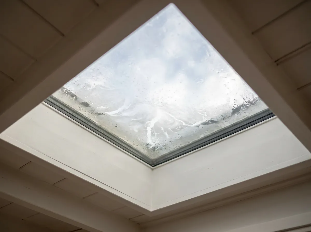 Foggy double-pane skylight showing failed IGU seal with condensation between the glass panes