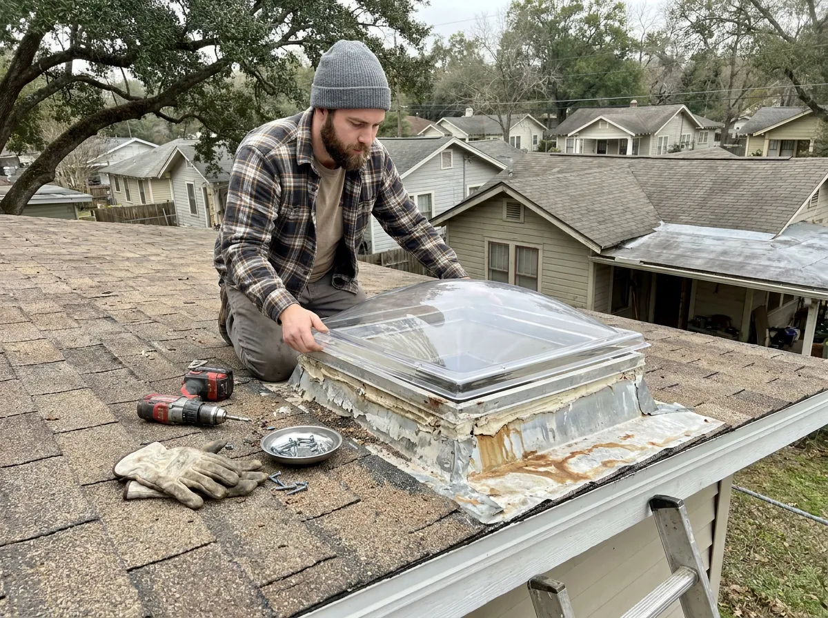 Aged acrylic dome skylight being retrofitted to a modern flat-glass Velux unit on a North Texas roof