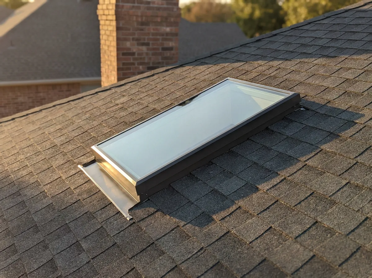 Newly installed flat-glass deck-mount skylight with a new flashing kit on a North Texas asphalt shingle roof