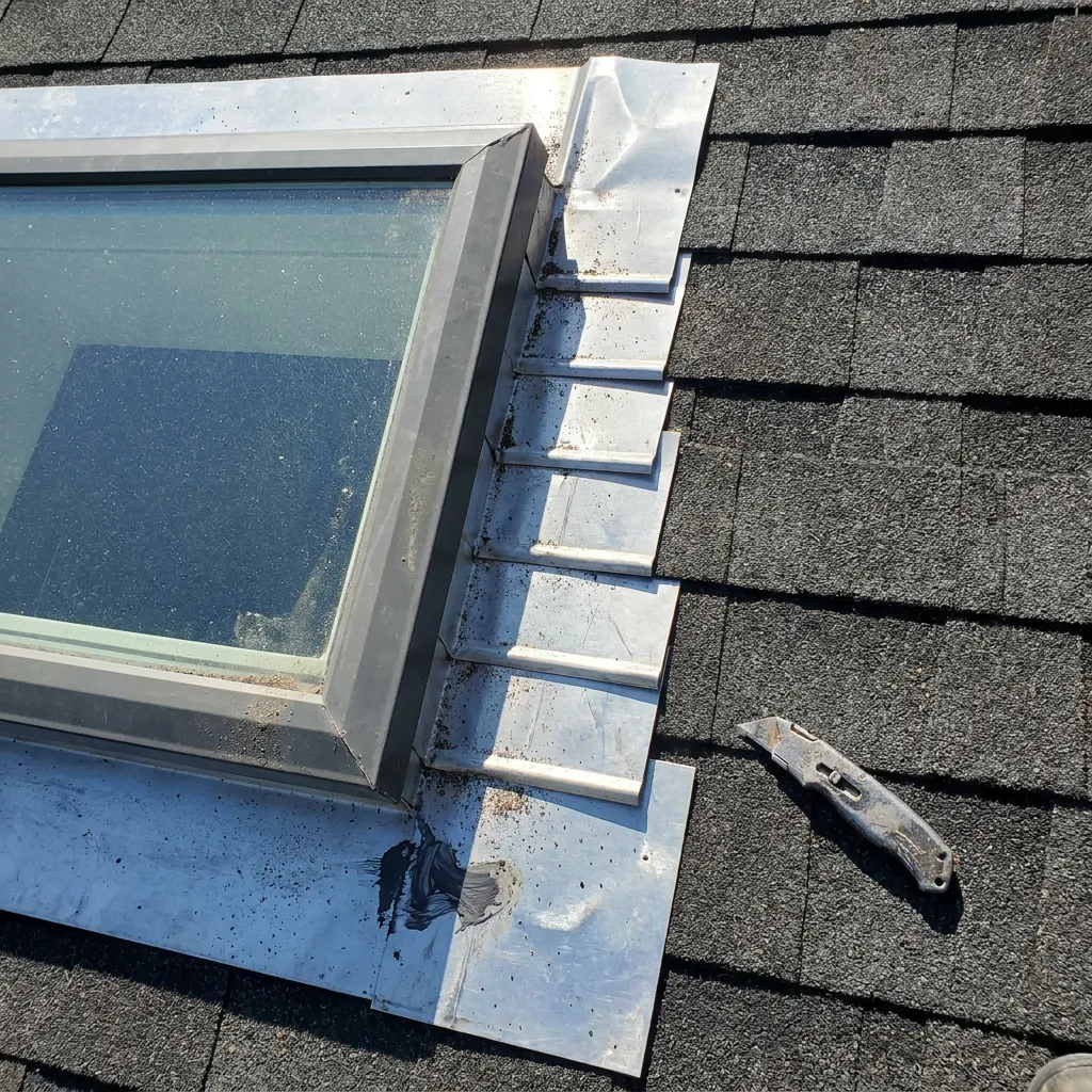 Skylight flashing kit installed at the curb with step, saddle, and apron pieces integrated into asphalt shingles