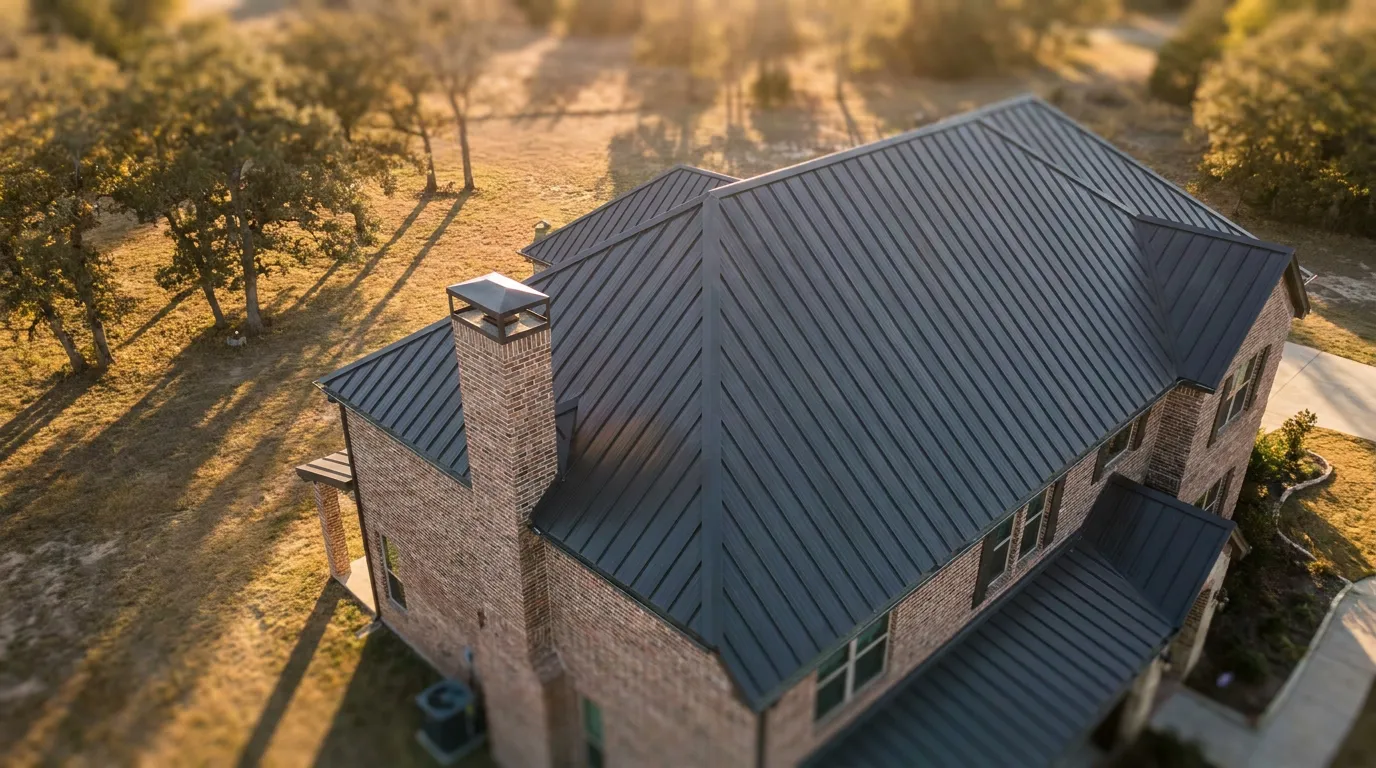 Aerial view of a completed standing seam metal roof on a North Texas custom home