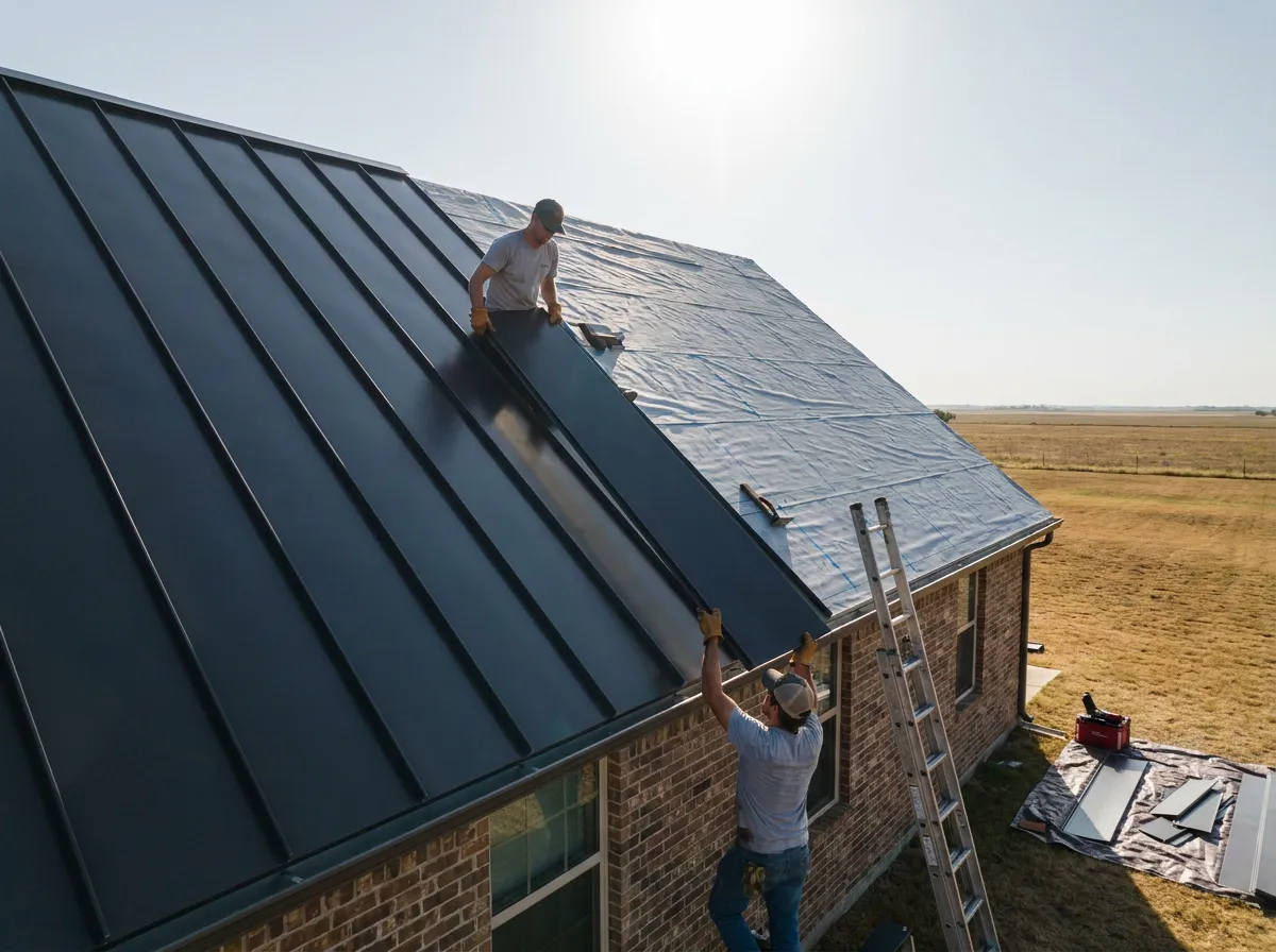 Standing seam metal roof installation in progress on a two-story North Texas brick home