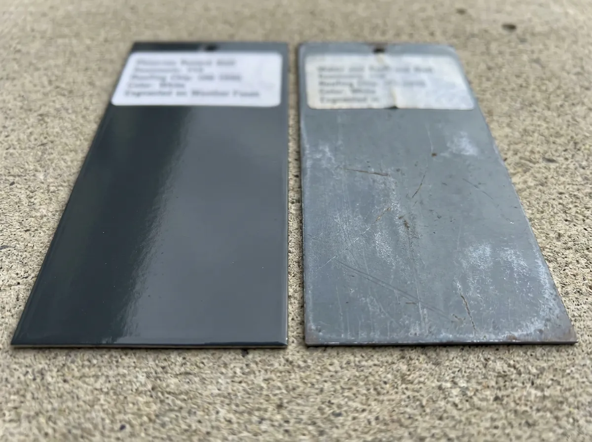 Kynar 500 and SMP painted metal finish samples compared after weathering
