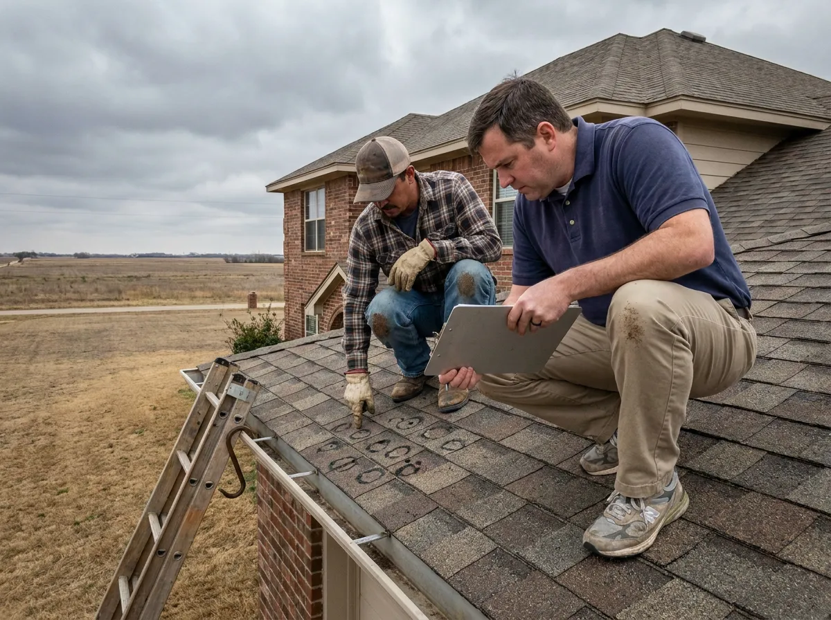 An insurance adjuster and a roofer inspecting a damaged asphalt shingle roof together on a North Texas home