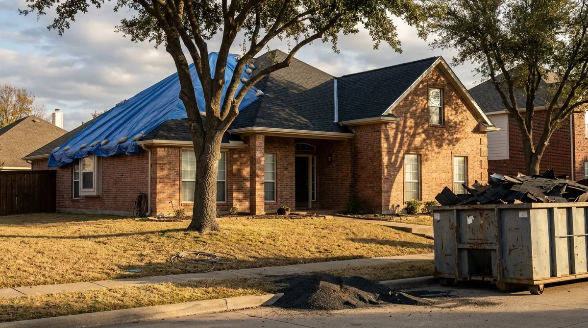 Before and after of a storm-damaged North Texas home rebuilt with new shingle roof and siding under one restoration claim