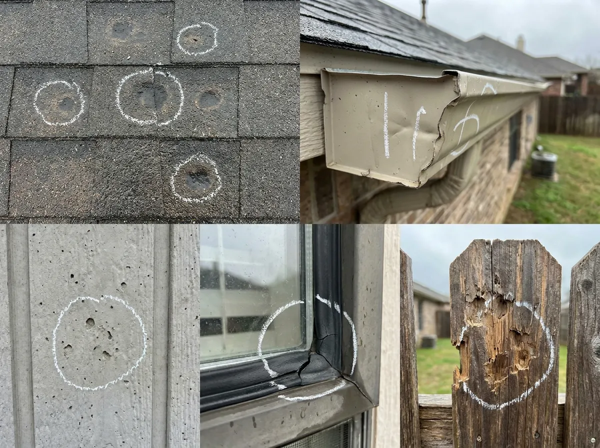 Hail damage across roof shingles, siding, gutters, a window, and a fence on a North Texas home documented for a restoration claim