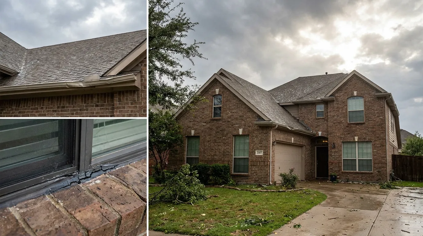 Hail-damaged North Texas brick home showing dented gutters, pitted siding, and bruised shingles after a DFW storm