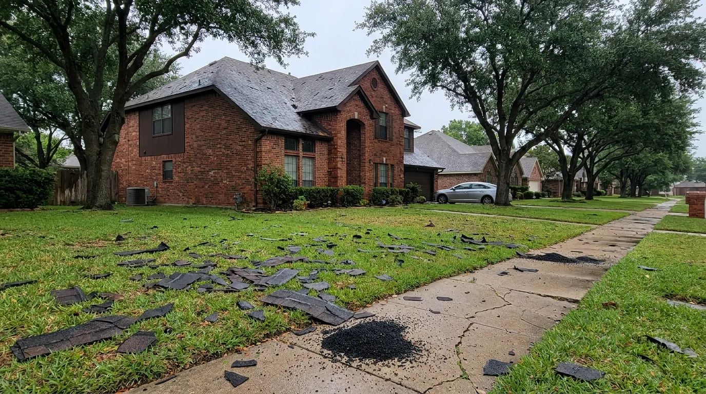 Post-storm shingle debris and granule piles scattered across a suburban North Texas front yard