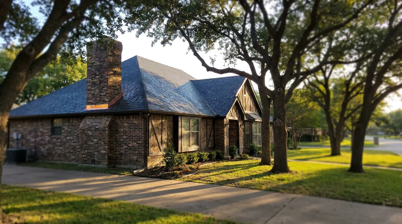 Completed storm roof restoration on a traditional North Texas home with mature trees