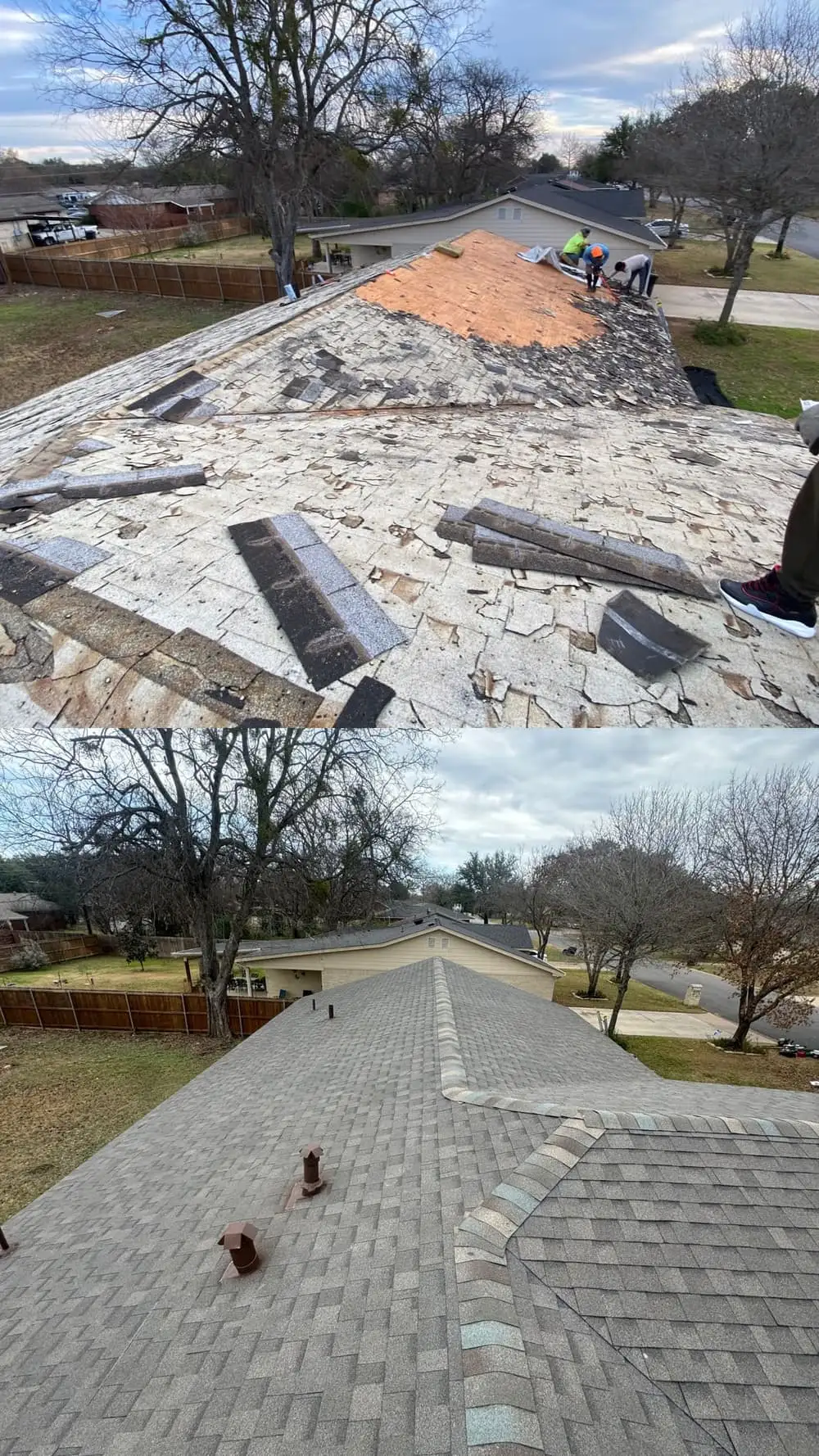 Before and after of a Roof Raiders storm damage re-roof on a North Texas home, with the storm-wrecked shingle roof mid tear-off on top and the finished new roof below