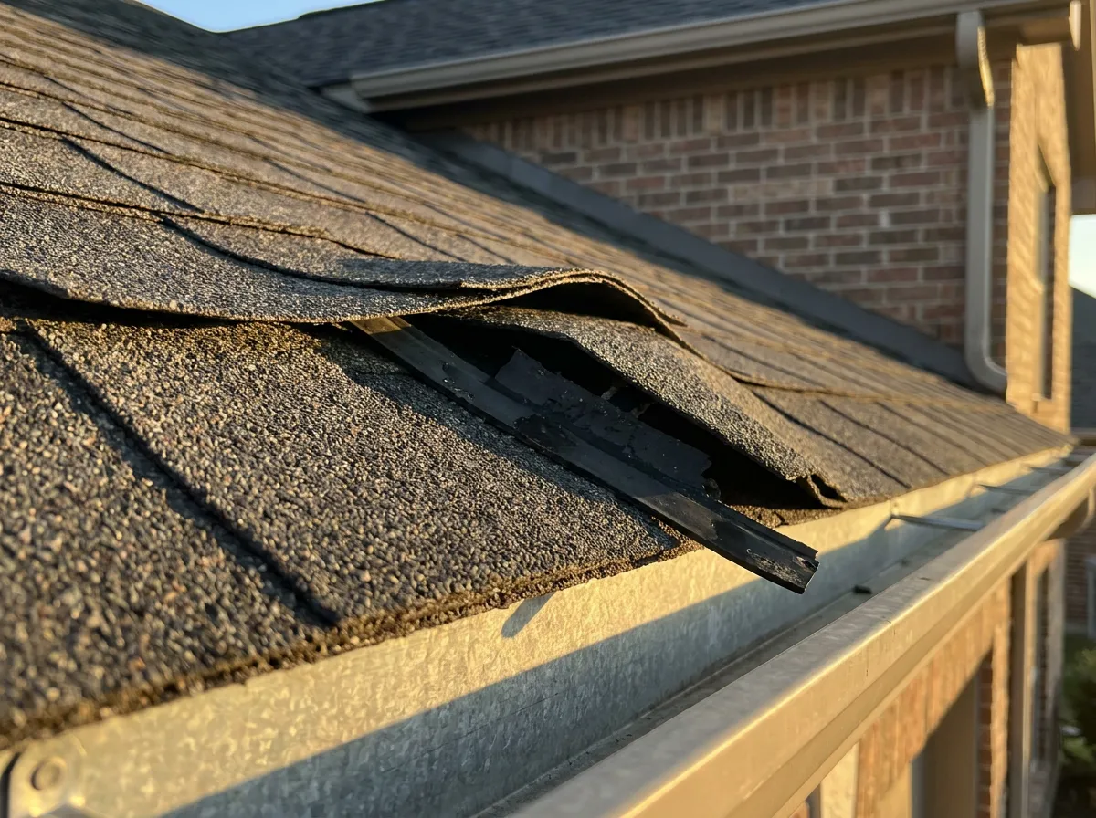 Wind-lifted shingles along a roof edge after a DFW storm
