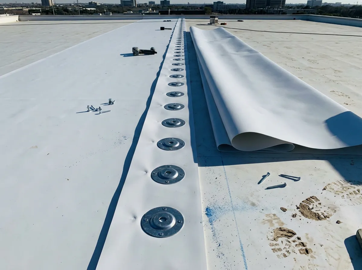 Mechanically fastened TPO roof showing the visible fastener plate and screw pattern along the seam