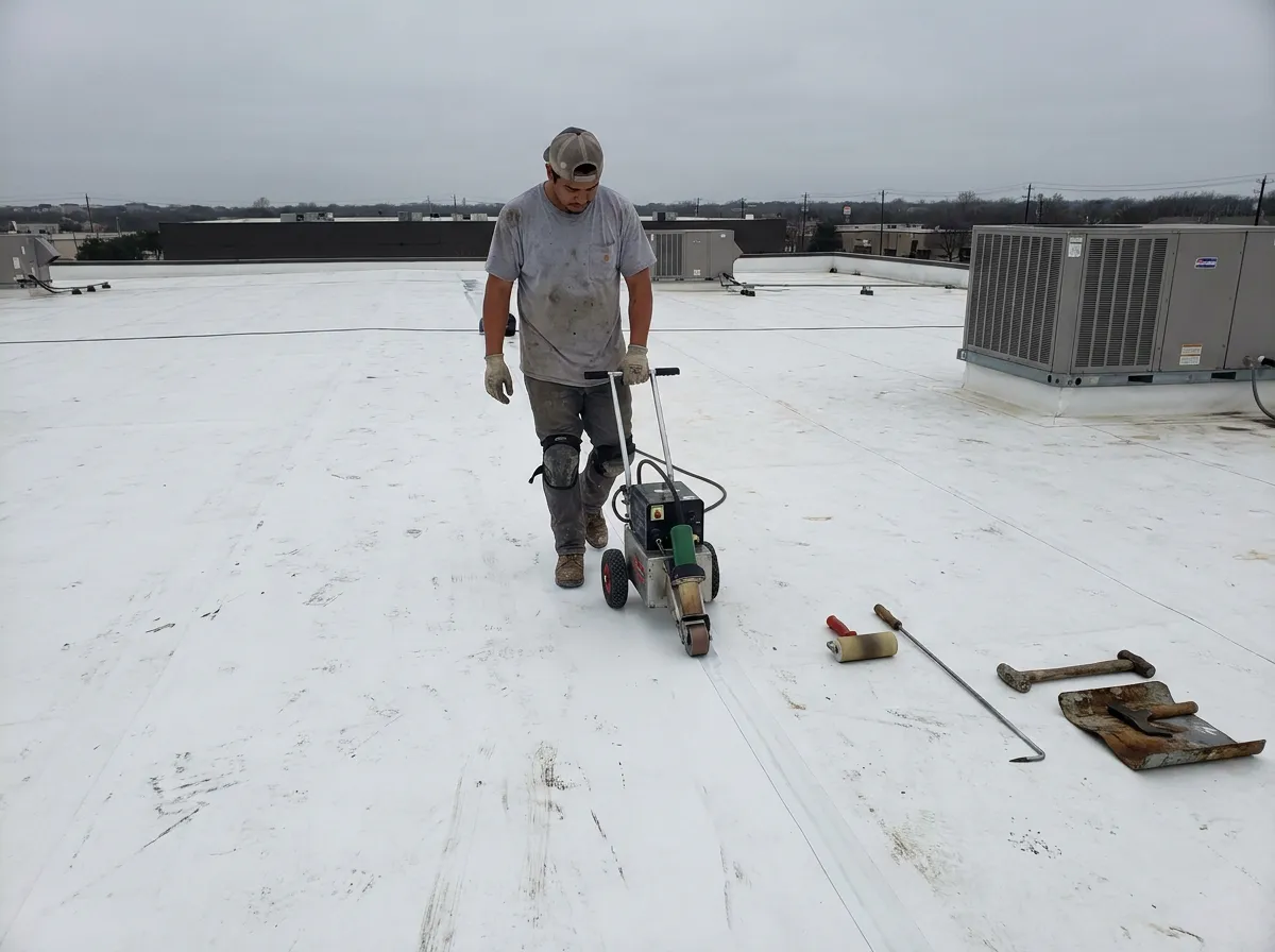A roofer running a hot-air welder along a TPO membrane seam on a flat commercial roof