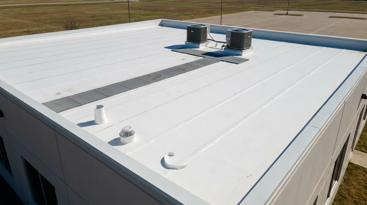 Completed 80 mil mechanically fastened white TPO commercial re-roof on a North Texas building