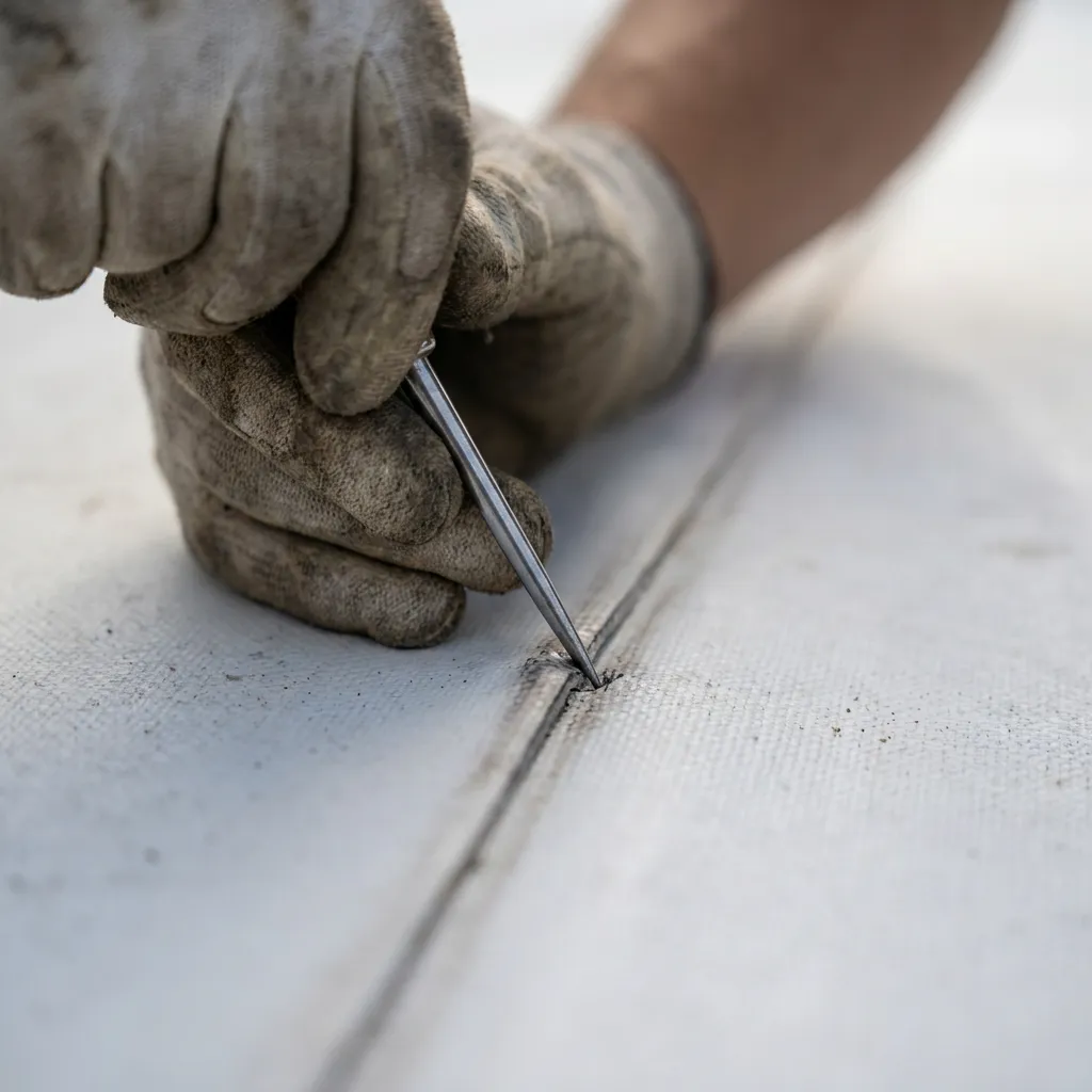 A steel awl probe-testing a freshly welded TPO seam for a continuous bond