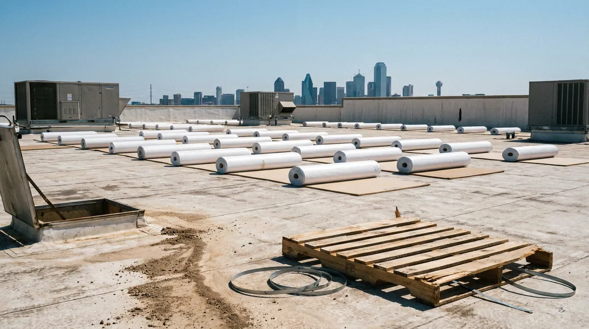 Rolls of fleece-back TPO membrane staged on a commercial warehouse rooftop before installation