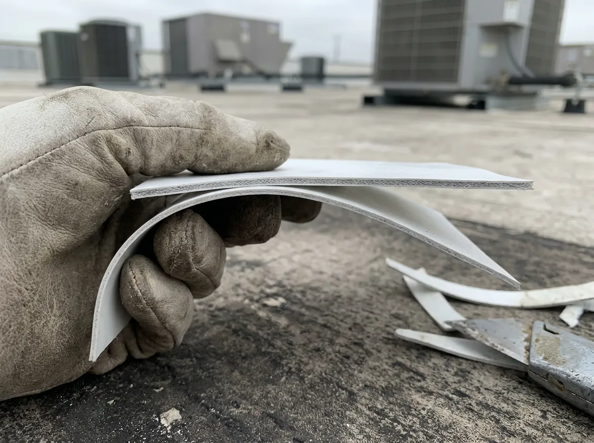 60 mil and 80 mil TPO membrane samples placed side by side to compare thickness