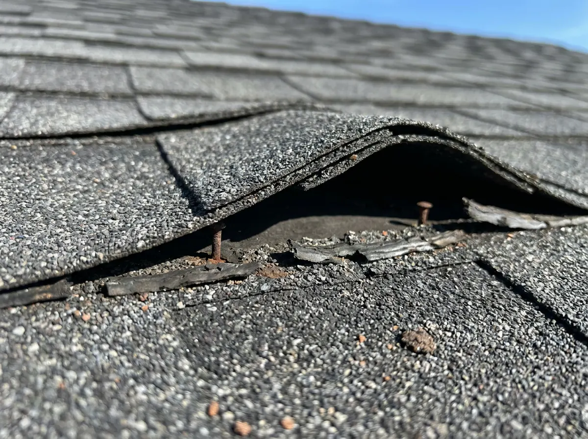 Wind-lifted architectural asphalt shingles with broken seal strips on a North Texas roof