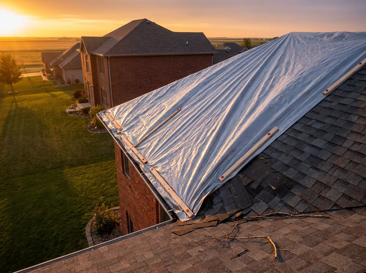 Emergency tarp secured over a wind-damaged roof section on a North Texas home