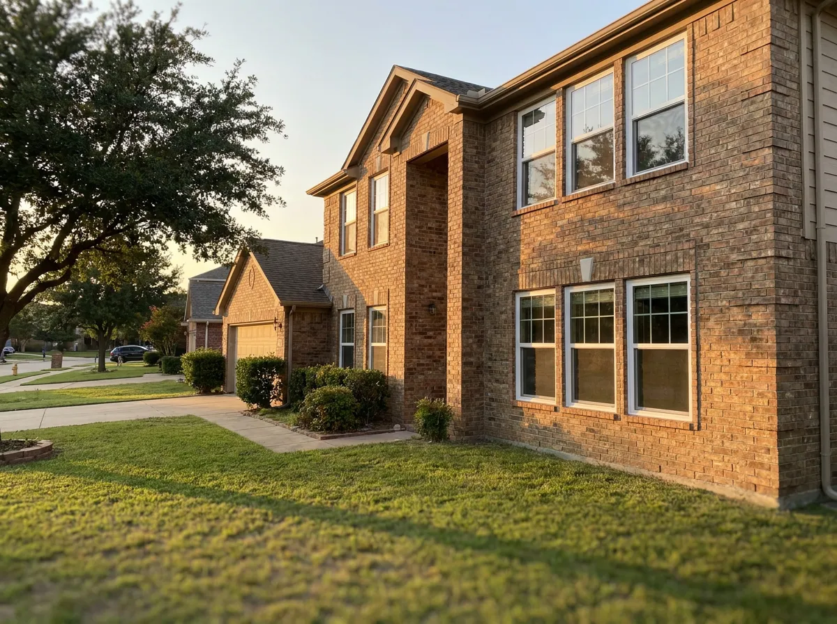 Before and after window replacement on a two-story North Texas brick home